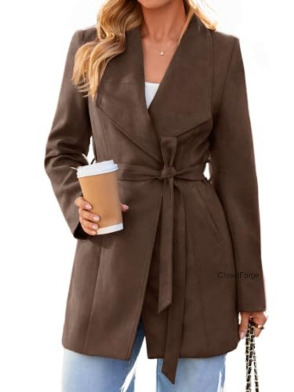 Faux Suede Trench Coat Tie Waist Open Front Lapel Collar Fall Outwear